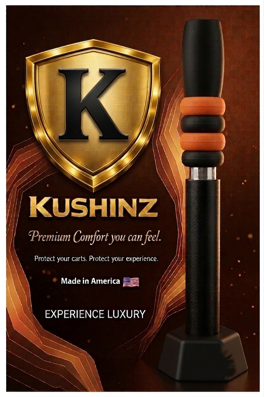 Original Kushinz promotional artwork with gold K shield and installed battery product